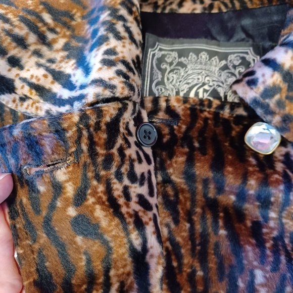 GUESS L Cropped Fur Lined Blazer Jacket Flared 3/4 Sleeve Y2K Retro Animal Print - Picture 6 of 15